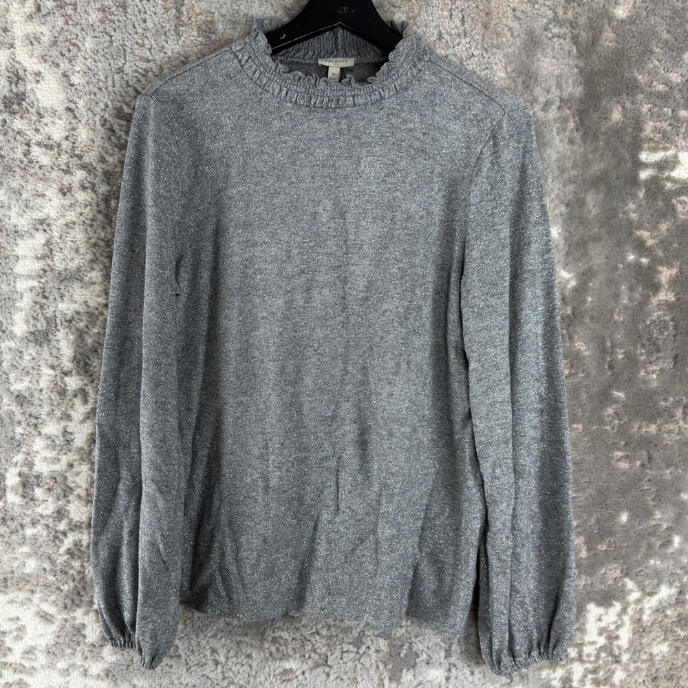 New Talbots Size M Shimmer Ruffle Neck Metallic Knit Top Silver Long Sleeve Wmn